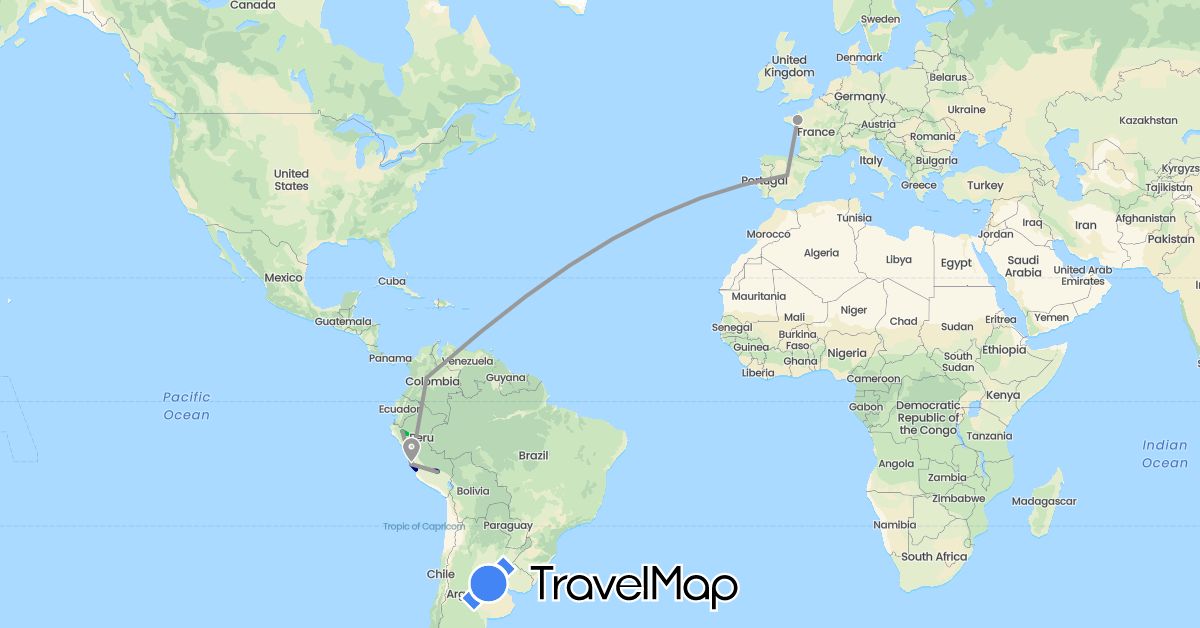 TravelMap itinerary: driving, bus, plane, train, hiking in Colombia, Spain, France, Peru (Europe, South America)