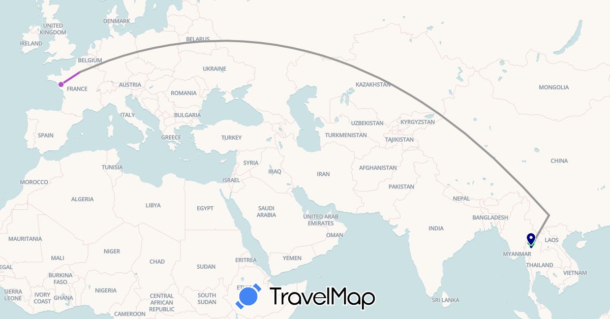 TravelMap itinerary: driving, bus, plane, train, hiking, boat, motorbike in China, France, Thailand (Asia, Europe)